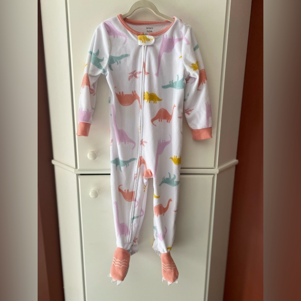 Carter's White Dinosaur Zip Footed One-Piece with Coral Trim
